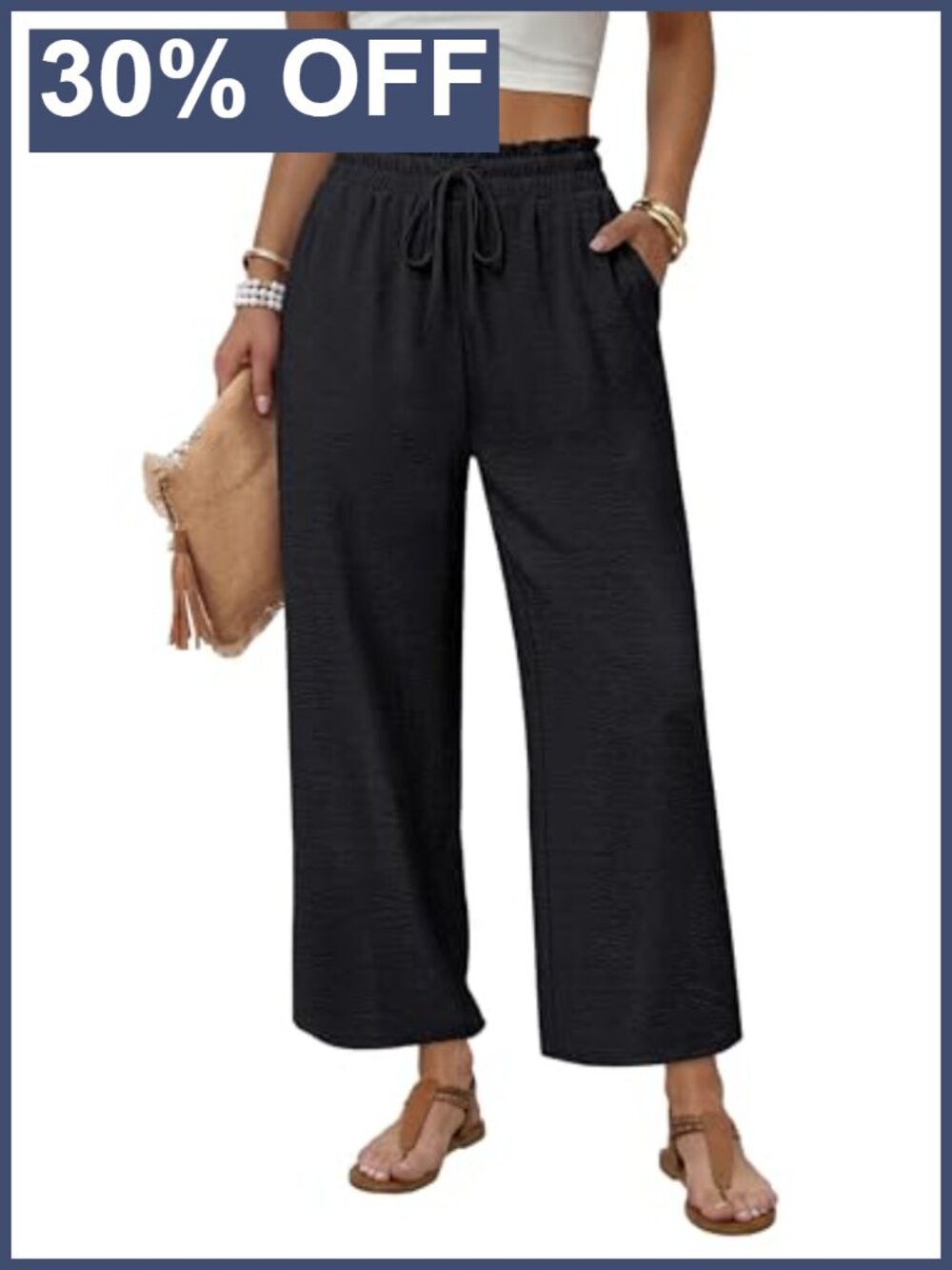 Wide Leg Palazzo Pants Drawstring Elastic Waist Trousers with Pockets
